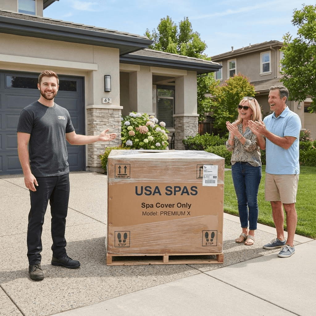 USA Spas freight delivery arriving at a customer's home as an excited couple looks on