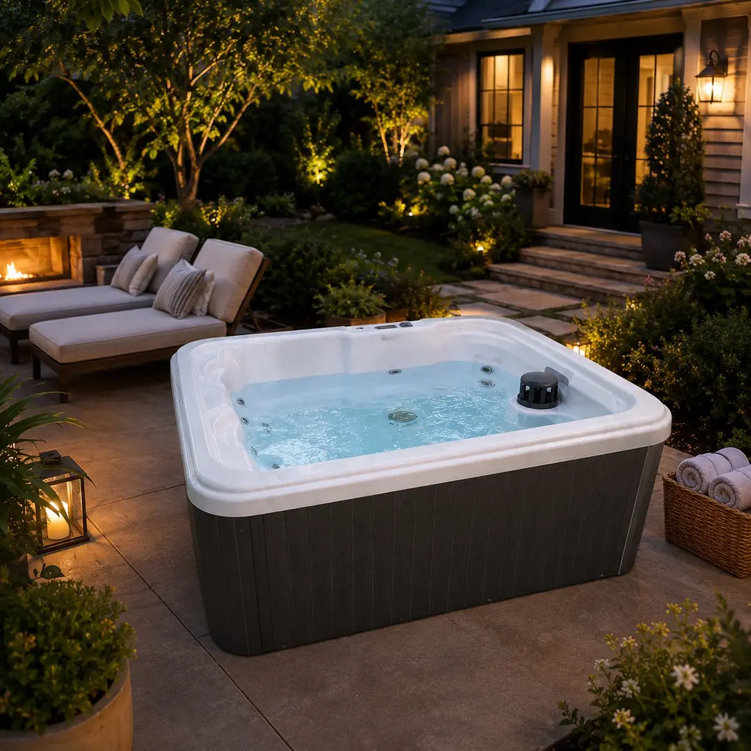 USA Spas Liberty model in a backyard patio showing ergonomic seating, hydrotherapy jets, and topside controls